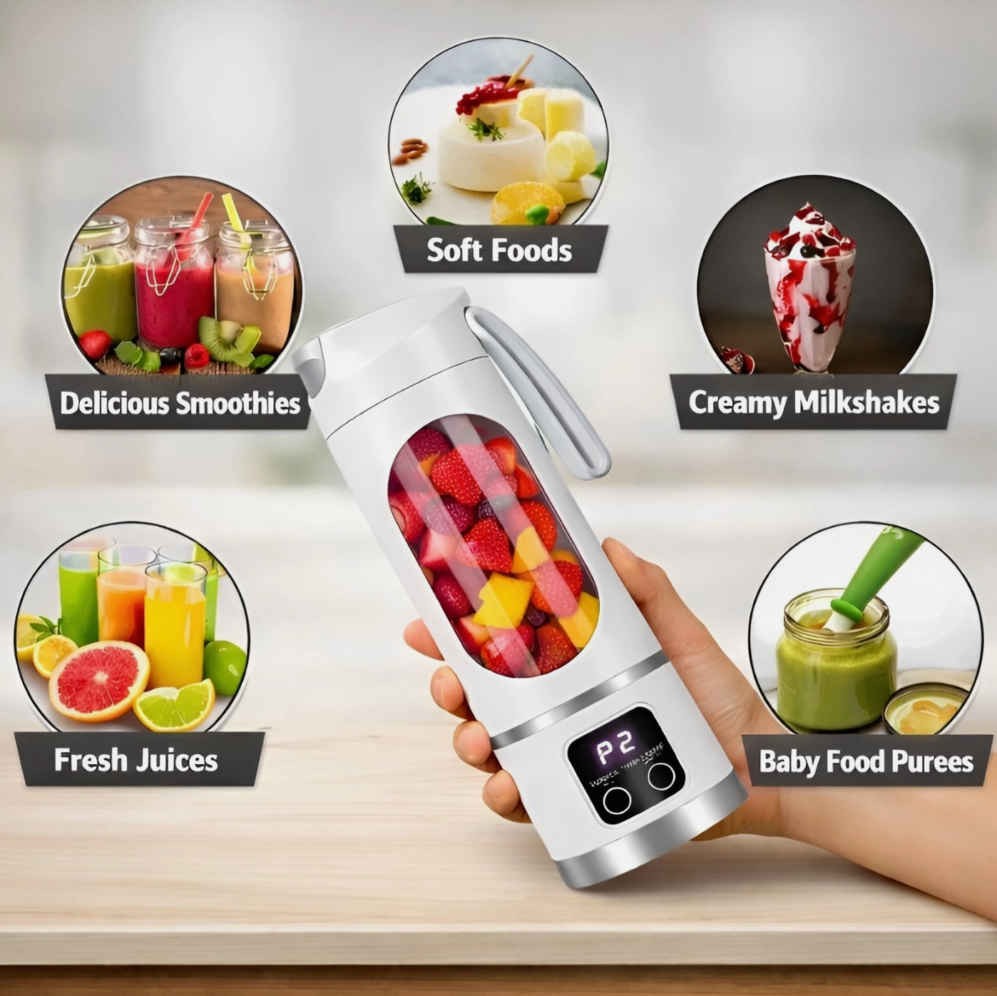 Taşınabilir Meyve Sıkacağı ve Blender - Şarj Edilebilir Smoothie ve Shake Hazırlayıcı Seyahat Bardağı